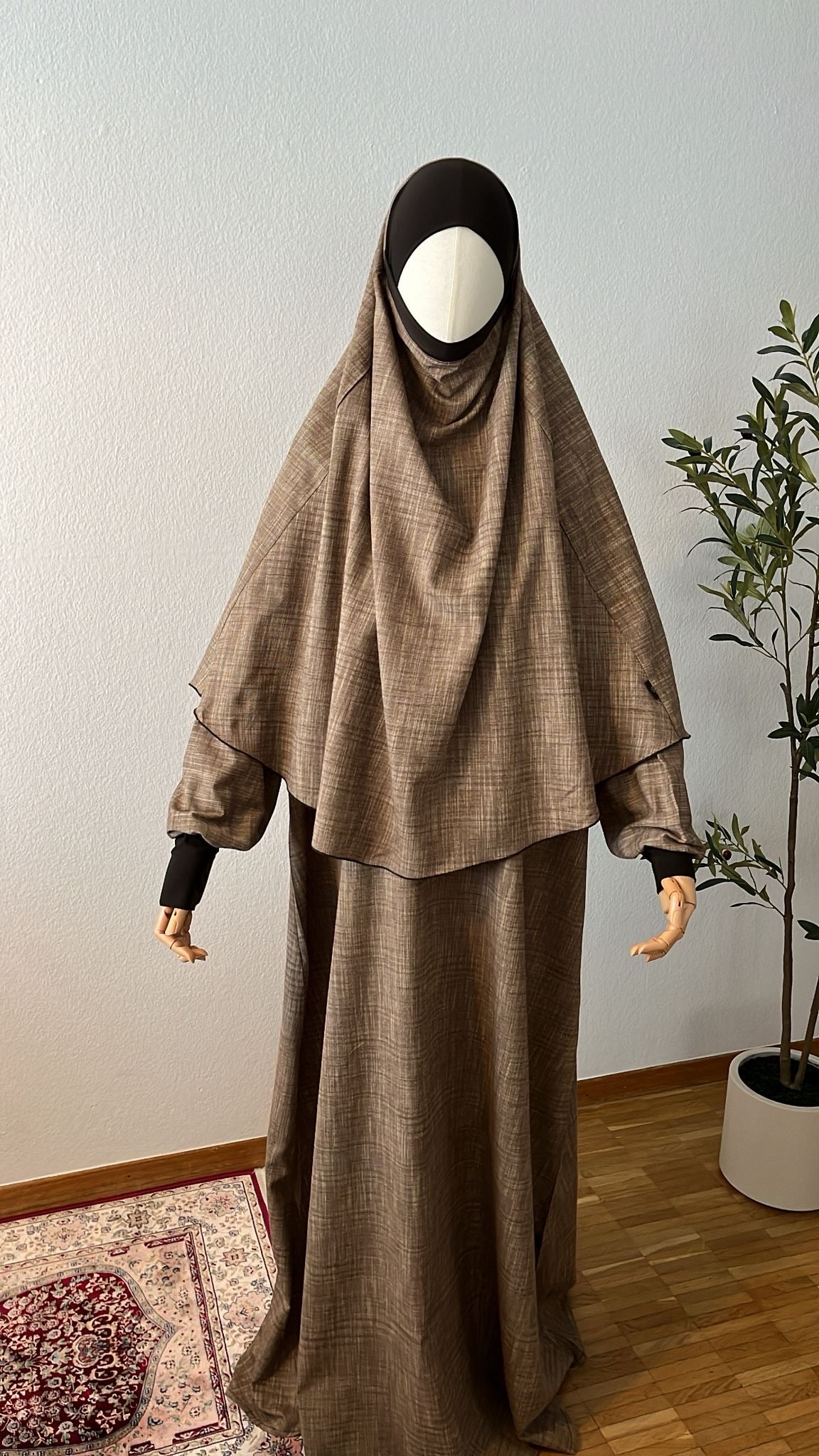 SET LEINE: Abaya A-Linie + Standard Khimar (dunkler Jersey + Stillfunktion)