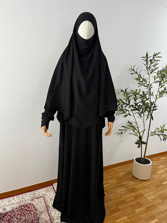 Schwarzes Baumwollset Abaya A-Linie und Standard Khimar